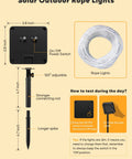 Solar Rope Lights 39Ft 100LED Outdoor String Lights IP65 Waterproof, 8 Lighting Modes, Warm White, Solar Powered guide