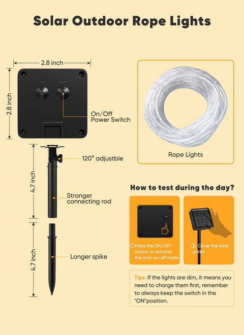 Solar Rope Lights 39Ft 100LED Outdoor String Lights IP65 Waterproof, 8 Lighting Modes, Warm White, Solar Powered guide