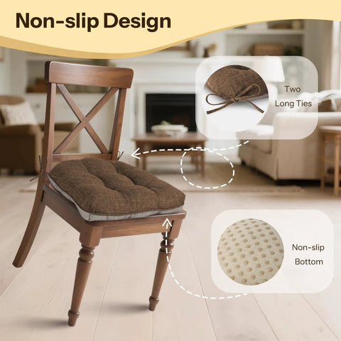 Non Slip Dining Chair Cushions Set Of 4 18x18x3 Tufted Coffee Chair Pads With Ties, showing non-slip design and straps