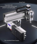 Genmitsu 3020-PRO MAX V2 CNC router front view with metal frame, drag chain, spindle, and pre-installed power supply.