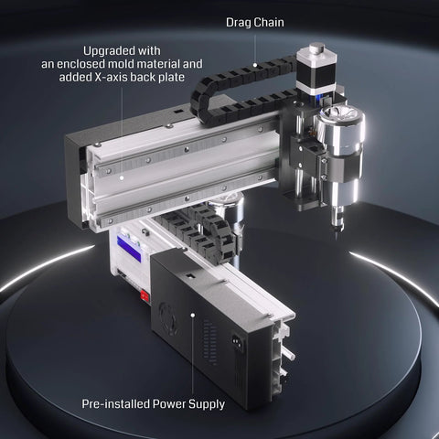 Genmitsu 3020-PRO MAX V2 CNC router front view with metal frame, drag chain, spindle, and pre-installed power supply.