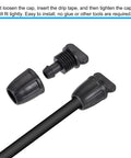 Drip Irrigation End Cap Barbed Fitting For 8Mm And 11Mm Tubing shown disassembled with tube insertion, durable black plastic.