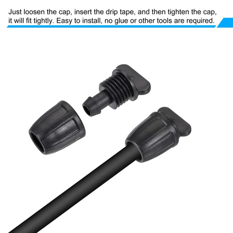 Drip Irrigation End Cap Barbed Fitting For 8Mm And 11Mm Tubing shown disassembled with tube insertion, durable black plastic.
