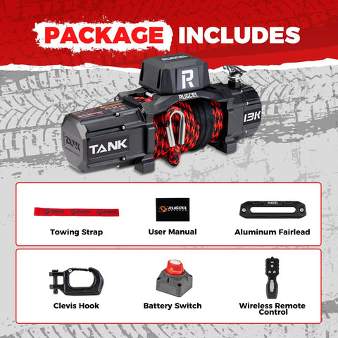 Beefy 13,500 Lb Synthetic Rope Winch For Trucks And SUVs, 12V IP68 Waterproof Motor, Wireless And Wired Remote, Heavy Duty Off Road Tow Winch For Trailers And UTVs Tank Series package includes remote and mounts