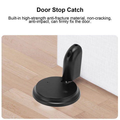 Sleek Matte Black Zinc Alloy Push Type Door Stop Catch With Hold Open Floor Base for smooth placement on wooden floor.