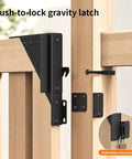 Heavy Duty Sliding Gate Kit With Anti Sag Fence Hardware Roll Wheels And Latch Universal Corner Braces For 1 To 2 Inch Wood Gates Smooth And Quiet Rolling Easy DIY Installation, black push-to-lock gravity latch on wooden gate