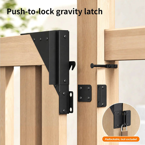 Heavy Duty Sliding Gate Kit With Anti Sag Fence Hardware Roll Wheels And Latch Universal Corner Braces For 1 To 2 Inch Wood Gates Smooth And Quiet Rolling Easy DIY Installation, black push-to-lock gravity latch on wooden gate