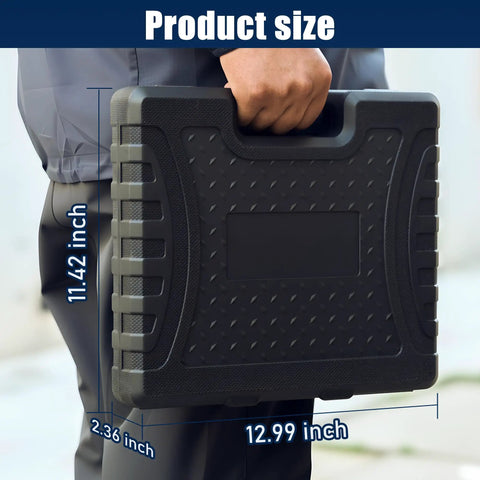 Carrying case for 84 Piece Pro Grade Tap And Die Set With SAE And Metric Sizes, shown with dimensions 11.42 x 12.99 x 2.36 inches