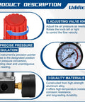 Air Compressor Pressure Regulator And Three Way Pneumatic Valve With Quarter Inch Connection Up To 180 PSI 12 Bar Pressure Control Valve Durable Plastic Zinc Alloy Copper Build For Easy Adjustment And Quick Maintenance For DIYers product description highlighting adjustment knob, pressure gauge, and materials.