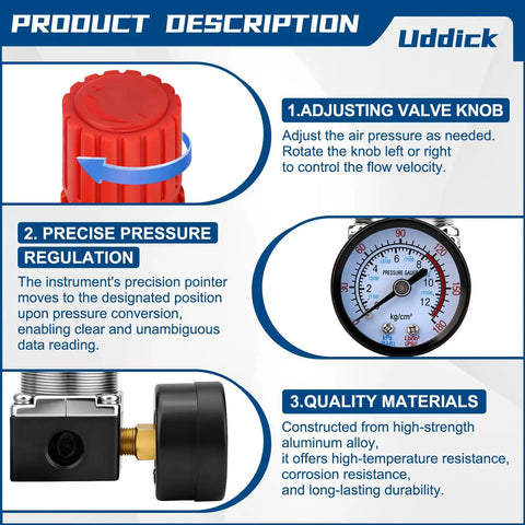Air Compressor Pressure Regulator And Three Way Pneumatic Valve With Quarter Inch Connection Up To 180 PSI 12 Bar Pressure Control Valve Durable Plastic Zinc Alloy Copper Build For Easy Adjustment And Quick Maintenance For DIYers product description highlighting adjustment knob, pressure gauge, and materials.