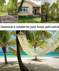 Single Cotton Rope Hammock With Wood Spreader Bar For Indoor Outdoor Use Hand Woven Classic Design Holds Up To 220 Lbs displayed on beach