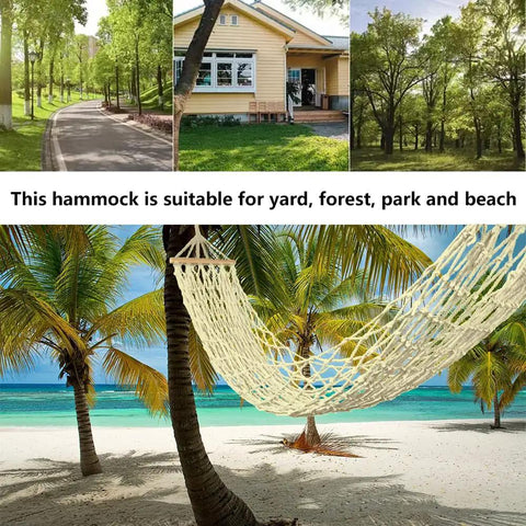 Single Cotton Rope Hammock With Wood Spreader Bar For Indoor Outdoor Use Hand Woven Classic Design Holds Up To 220 Lbs displayed on beach