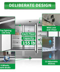 No Sweat Heavy Duty Commercial Reach In Upright Freezer 72 Cubic Feet stainless steel with LED lighting and 12 adjustable shelves.