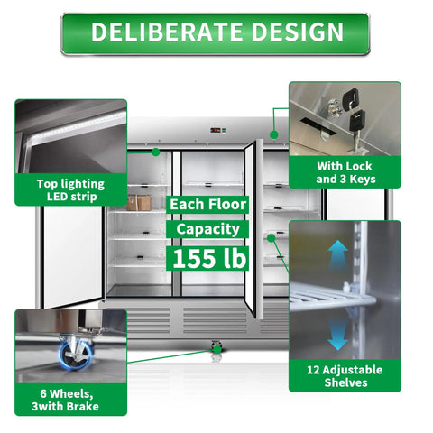 No Sweat Heavy Duty Commercial Reach In Upright Freezer 72 Cubic Feet stainless steel with LED lighting and 12 adjustable shelves.