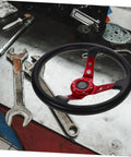 Deep Dish 14 Inch PU Racing Steering Wheel For Cars Golf Carts Trucks And Simulators With Red Horn Button on workbench