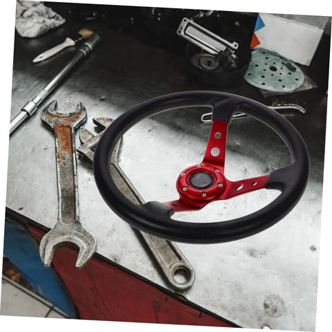 Deep Dish 14 Inch PU Racing Steering Wheel For Cars Golf Carts Trucks And Simulators With Red Horn Button on workbench