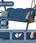 Close-up of Three Seat Patio Porch Swing With Canopy And Adjustable Backrest featuring thick cushions and removable pillows.