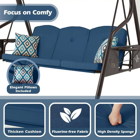 Close-up of Three Seat Patio Porch Swing With Canopy And Adjustable Backrest featuring thick cushions and removable pillows.