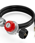 Propane regulator with 6 ft hose, pressure gauge, and red 30 PSI control knob in angled front view
