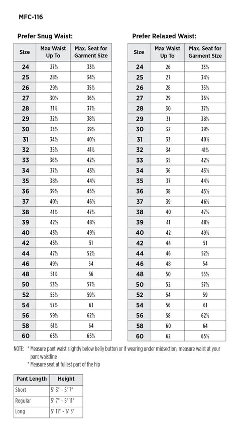 Men's Navy Industrial Cargo Work Pants sizing chart for snug and relaxed waists, detailed measurements and guidelines.