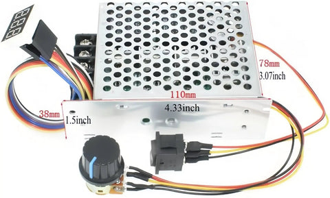 Adjustable Digital Display Motor Speed Controller For DC Brushed Motors 10 To 55 Volt 60 Amp PWM, components and dimensions shown.