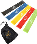 Heavy Duty Resistance Loop Bands Set Of 5 With Travel Pouch And Instruction Guide For Full Body Conditioning Core Strengthening And Flexibility Training To Help You Crush Your Daily Gym Hustle. Five colorful latex bands with a travel pouch.
