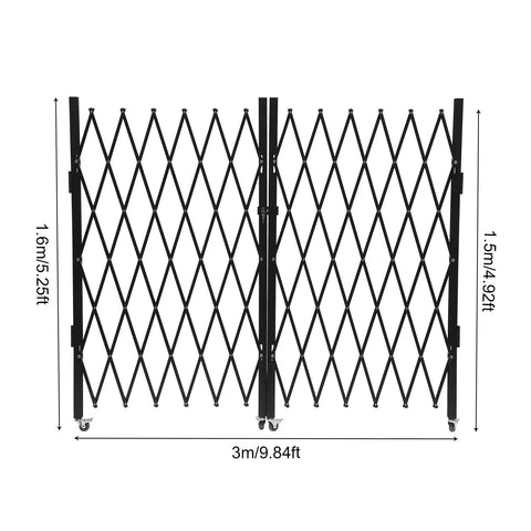 Heavy Duty Folding Security Gate Lock It Down And Keep Your Spot Safe With This 63 Inch Tall By 118 Inch Wide Black Metal Wall Mount Gate Featuring Diamond Grille And Padlock Loop For Garage Shop, shown with dimensions.