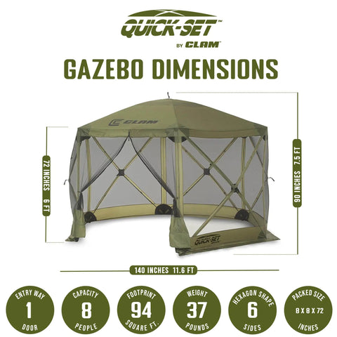 Instant Setup Pop Up Screen Tent No Tool Setup 11.5 Ft 6 Person Bug Free Outdoor Shelter For Camping Patio Backyard Tailgating Sidelines And Family Fun Green Gazebo Canopy, showing dimensions and features.