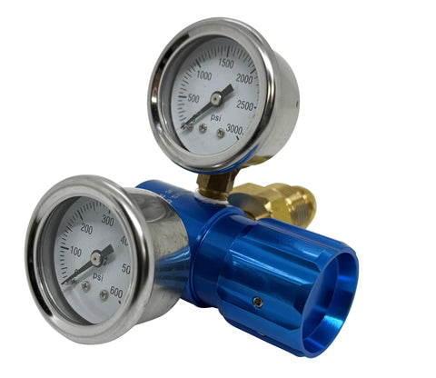 Front view of blue aluminum argon regulator with dual pressure gauges and brass inlet fitting.