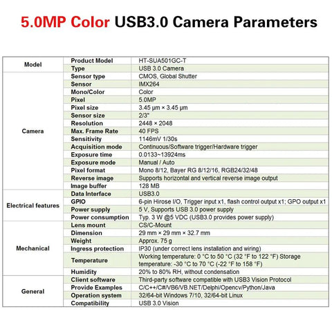 Jet Fast USB 3.0 Color Machine Vision Camera With Global Shutter, 5.0 MP Two Thirds Inch Sensor specifications table