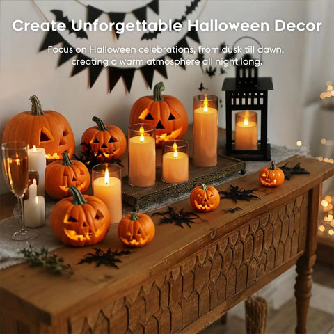Amber LED Flameless Pillar Candles With Remote Timer 5 Pack and jack-o'-lanterns on wooden table for Halloween decor