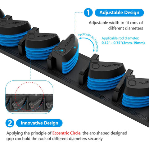 Close-up view of Two Pack Vertical Fishing Rod Rack Wall Mounted Holder with adjustable diameter grips for rods 0.12-0.75 inches.