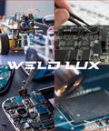Collage showing Hot Air Rework Station for Electronics Repair with circuit board, components, and precision tools.