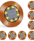 Solar Ground Lights Outdoor Waterproof Disk In Ground Lights 8 Pack shown close-up with lit LEDs and solar panel.