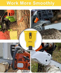 Universal Chainsaw Teeth Sharpener with Six Fast Sharpening Stones for 12 to 22 Inch Bars, shown in use on various chainsaws.
