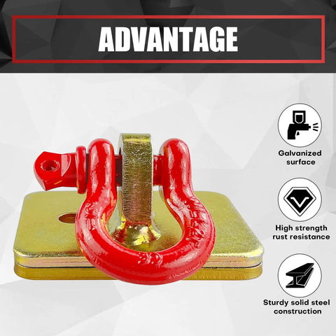 Bull Tough 2 Piece Tractor Bucket Grab Hooks With Half Inch D Ring Shackles And Reinforced Mount Plate For Loader Chain Riggin Up Heavy Loads Yard Work Gold And Red, showing solid steel construction and galvanized surface.