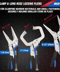 Image showing C-Clamp and long nose locking pliers from Six Piece Locking Pliers Set With Curved Jaw Needle Nose And C Clamp Vise Grips.