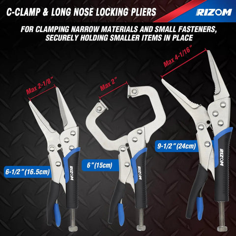 Image showing C-Clamp and long nose locking pliers from Six Piece Locking Pliers Set With Curved Jaw Needle Nose And C Clamp Vise Grips.