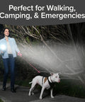 Person walking dog with Monster Bright Rechargeable Spotlight With 10 Modes And Turbo Boost To 100 Percent Built In Kickstand And USB Charger