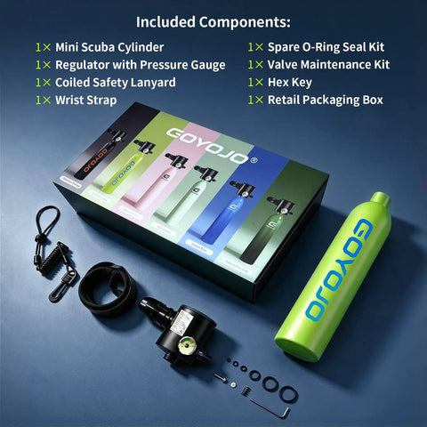 Components of Compact 0.5L Mini Scuba Tank Backup Air For Snorkeling And Training, Portable Refillable Pony Bottle, 3000 PSI