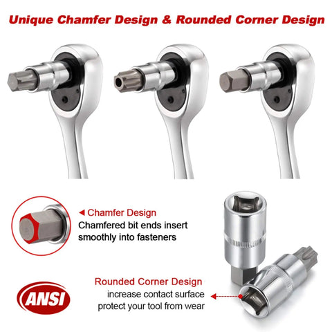 Chamfered and rounded corner design of 92 Piece Allen And Torx Socket Set for 1/4 3/8 1/2 drives with tamper proof bits.