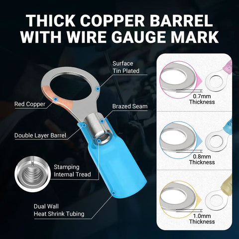 Marine Grade Heat Shrink Ring Terminal Kit 112 Pcs With Beefed Up Thickened Red Copper Terminals for detailed view