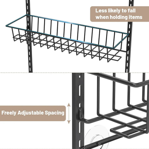 Close-up of adjustable black metal shelf from Eight Tier Pantry Door Organizer In Black Super Sturdy Over The Door Storage Bins.