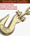 Rock Solid 4 Pack Chain Hooks With Half Inch G70 Clevis Grab Design Built Tough Forged Steel Construction Zinc Plated Coating Delivers Dependable Rust Guard Fast Snappy Hook Up For Trailers And Flatbed Towing On Job Sites Or Long Haul Trips, showcasing G70 forged steel hook with gold chromate finish.