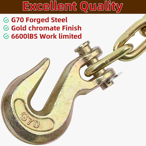 Rock Solid 4 Pack Chain Hooks With Half Inch G70 Clevis Grab Design Built Tough Forged Steel Construction Zinc Plated Coating Delivers Dependable Rust Guard Fast Snappy Hook Up For Trailers And Flatbed Towing On Job Sites Or Long Haul Trips, showcasing G70 forged steel hook with gold chromate finish.