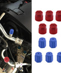 Hella Durable R134a AC Service Port Caps Set Of Ten Includes Five Red And Five Blue Valve Covers shown on vehicle AC lines.