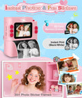 Kids Camera Instant Print 1080P HD Digital Cam For Ages 3 To 12 Boys And Girls, pink with screen and stickers