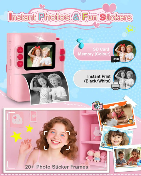 Kids Camera Instant Print 1080P HD Digital Cam For Ages 3 To 12 Boys And Girls, pink with screen and stickers
