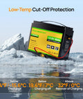 12V 50Ah LiFePO4 Battery With 100W Portable Solar Panel, Bluetooth 5.0 Real-Time Monitoring on ice highlighting low temp protection