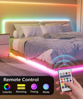 Rgb Led Strip Lights With Motion Sensor And Timer around a bed, remote control for color changing LED tape, mood lighting setup.